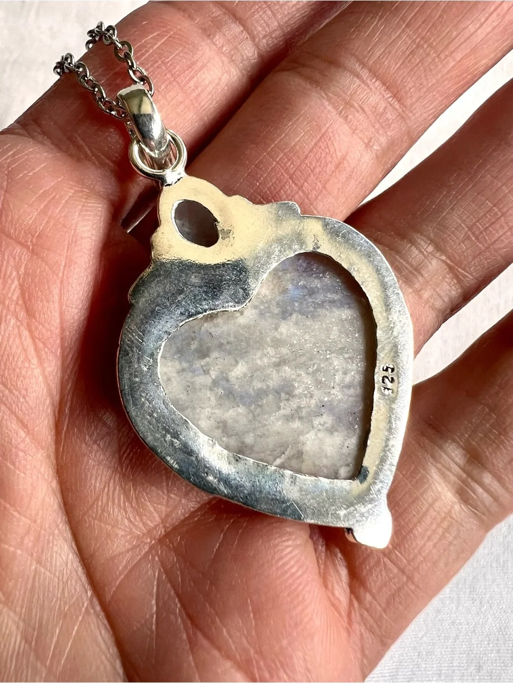 925 WHOA! AMAZING! Peach Moonstone w/ Blue Flash! Heart ❤️ Pendant Necklace
